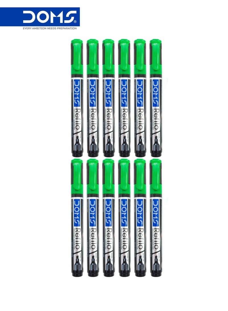 DOMS Permanent Marker Pen, Green Ink, Chisel Tip, Refillable, Pack of 12 - Image 1